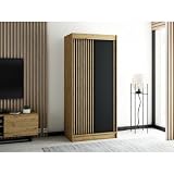 E- MEUBLES Armoire de chambre avec 2 portes coulissantes Lattes en bois Loft Style Armoire industrielle Artisan Chêne et noir Penderie avec étagères (LxHxP): 100x200x62 MELO sans tiroirs, 100cm
