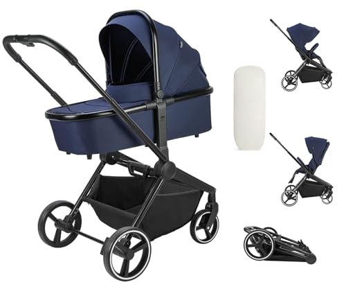 Booboo Kinderwagen Jazzi 2 in 1 Kombi-Kinderwagen inkl. Babywanne mit Matratze, Sportwagen, Sportsitz mit Liegefunktion, Zusammenklappbar - Navy