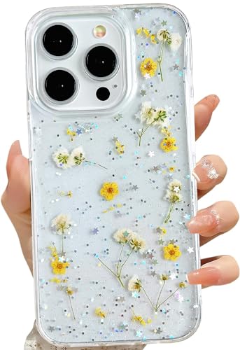 LSEEKA for iPhone 15 Pro Clear Case with Pressed Real Flowers Design,Glitter Cute Yellow Floral Pattern Slim Soft TPU Protective Women Girl's Phone Cover for iPhone 15 Pro