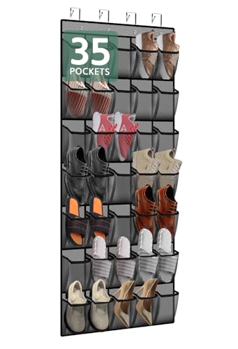 PAULONE 35 Pocket Over the Door Shoe Organizer,Reusable Breathable Large Mesh Bag Men's & Women's Sneaker Organizer,Shoe Organizer for Kids,Hanging Shoe Storage Hanging Bag (Gray)