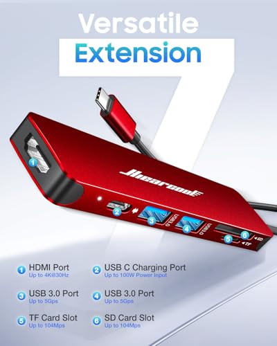 Image of Hiearcool USB C Hub, USB-C to HDMI Multi-Port Adapter for MacBook Pro /Air, 7-in-1 USBC Dongle with 4K HDMI 100W Power Delivery SD /TF Card Reader Type-C Dock for Dell HP Lenovo Laptops-Dark Red