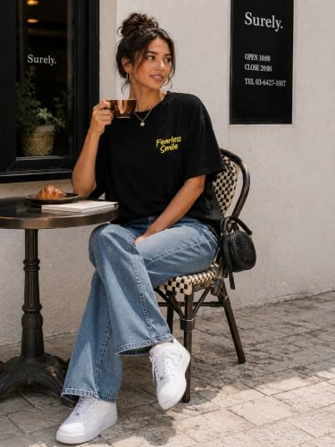 Image of London Hills Oversized Tshirt for Woman | t Shirt for Woman Oversized Fit Printed Round Neck | Tops for Woman's | Women t Shirt Loose Fit Drop Shoulder | t Shirts for Women | Western Tops