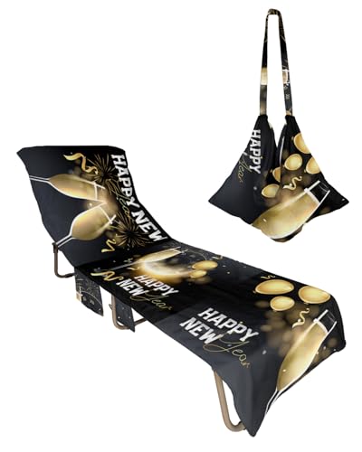 Winter New Year Beach Chair Towel Covers for Chaise Lounge with Side Pocket, Soft Plush Pool Towels Cover for Patio Sunbathing Outdoor 29''x85'' Birthday Graduation Party Celebration