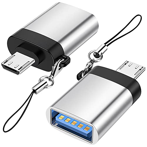 Adaptateur Micro USB vers USB 3.0 (Pack de 2) avec Lanière, Seminer Micro USB Mâle vers USB-A Femelle Adaptateur OTG Compatible avec Samsung S7 S6, Micro Appareils OTG, Clé Flash, Clavier (Argent)