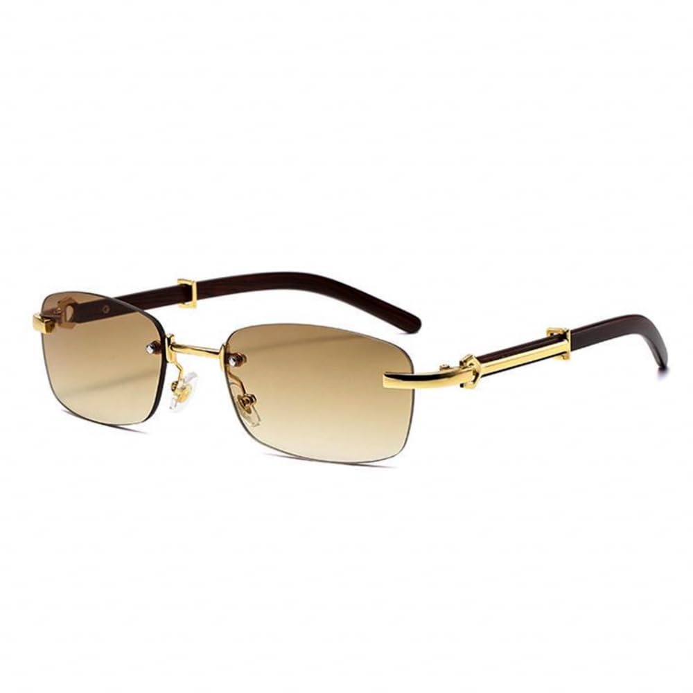 Brown Gradient Tint Vintage Woodgrain Rimless Men Women Gold Frame Rectangle Sun Glasses Vintage Woodgrain Square Shades 90s Retro Unisex Hip Hop Frameless Stylish Designer Wood Arm Sunglasses-image-2