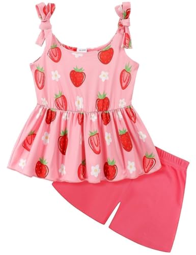 Image of Toddler Girls Clothes Summer Short Set Outfit Tie Knot Shoulder Sleeveless Ruffle Tops and Shorts 2PC Clothing Set