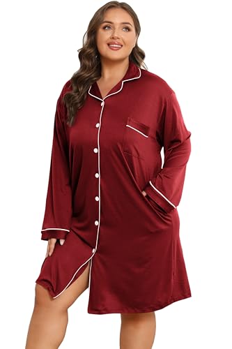Image of Vozanet Women Button Down Nightgown Plus Size Nursing Nightshirt Long Sleeve Nighty Bridal Dress with Pockets XL-5XL