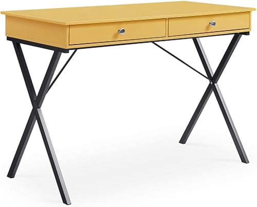Hypeshops Escritorio de escritura con 2 cajones con marco de acero negro tablero de mesa MDF