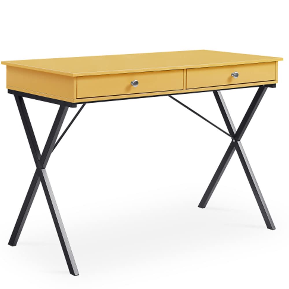 Hypeshops Yellow Finish 2 Drawers Writing Desk with Black Steel Frame, MDF Table Top