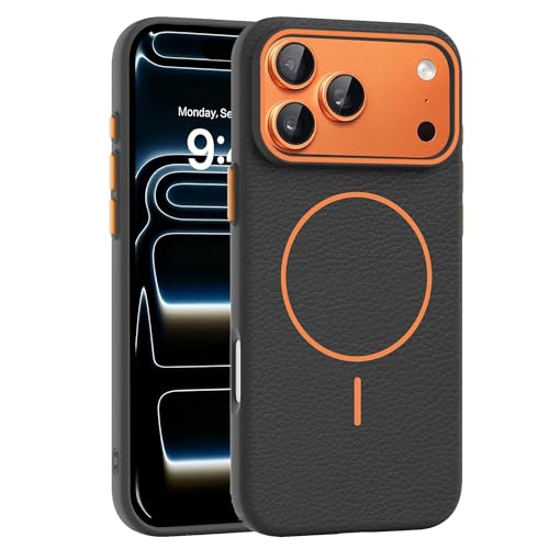 Elzzi New Lychee Texture Magnetic Phone Case for iPhone 17 Pro Max Case, [Compatible with Mag-Safe] Anti Yellow Velvet Lined Premium PC+TPU Back Cover (Black)