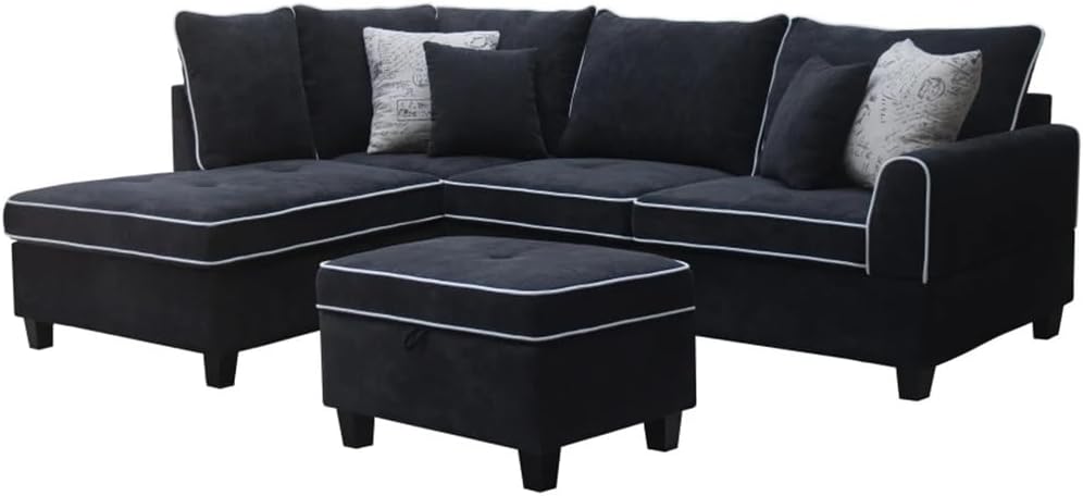 Black Fabric Sectional Sofa with Left-Facing Chaise and Storage Ottoman