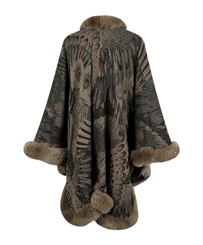 Womens Faux Fur Trim Coat Shawls Wrap Winter Vintage Open Front Cardigan Poncho Cape Cloak2