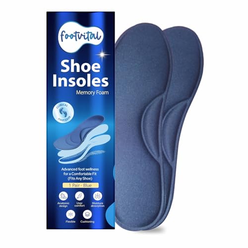 Image of Footvital Memory Foam Shoe Insoles for Men and Women | Soft Cushioned Inserts for Long Standing and Walking | Supports Heel and Arch | Shock Absorbing | Moisture Absorbing | Lightweight Washable Insoles for All Shoes | 2 Pairs | Blue | Size 9