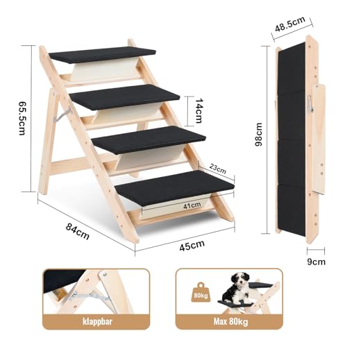 Vigevee Hundetreppe 2 in 1 Hunderampe, Klappbare Haustiertreppe 65,5cm Hoch, 4-Stufig Faltbare Katzentreppe, Maximale Belastung 80kg, Tiertreppe mit Rutschfester Trittmatte für Hunde und Katzen