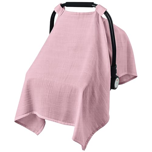 Image of C COMCROSFLY Baby Car Seat Cover, 100% Muslin Carseat Cover, Universal Carseat Covers Baby Girl, Infant Car Seat Cover for Sun, Bug, and Comfort Protection (Pink)
