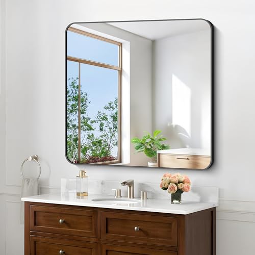 Image of Black Bathroom Mirrors for Wall, 30 inchx30 inch Square Mirror, Rounded Corner Metal Frame Wall Mirror, Bathroom Vanity Mirror for Bedroom Living Room Entryway Horizontal Or Vertical Mounting