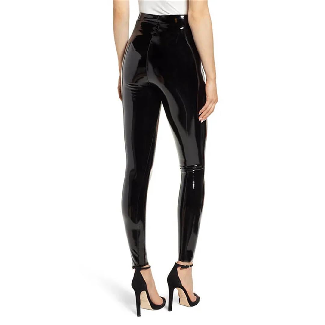Wvapzxx Elastyczne legginsy z PVC z wysokim stanem damskie na co dzień błyszczące skórzane spodnie ołówkowe wąskie spodnie bodycon