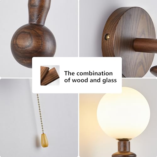 Image of Wood Wall Sconce,Industrial Globe Wall Sconce,Modern Bedroom Vanity Wall Light fixtures with White Globe Glass Lampshade for Living Room、dinging Room
