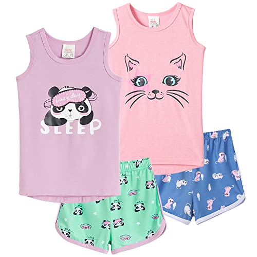 Myfav Girls Sleeveless Pajamas Cute Panda Printed 4 Piece Sleepwear Big Kids Nightgown, Panda, 14Y #TOP4