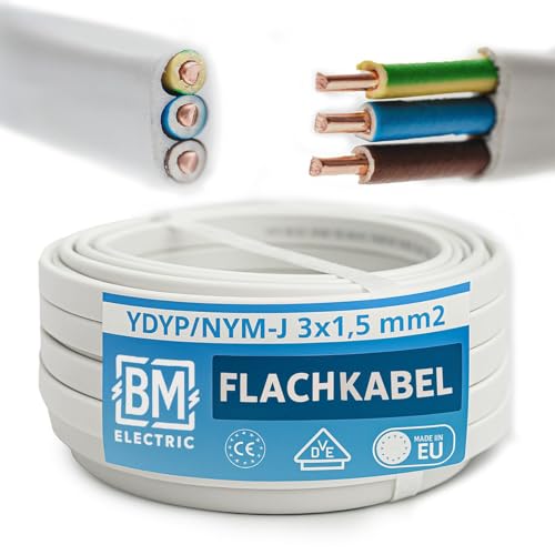 BM Electric Power Cable YDYp NYM 3 x 1.5 mm² (Flat 10 × 5 mm) – Ribbon Cable for Window Feed-Through | Electrical Installation Cable | 300/500 V | Solid Copper | Made in EU
