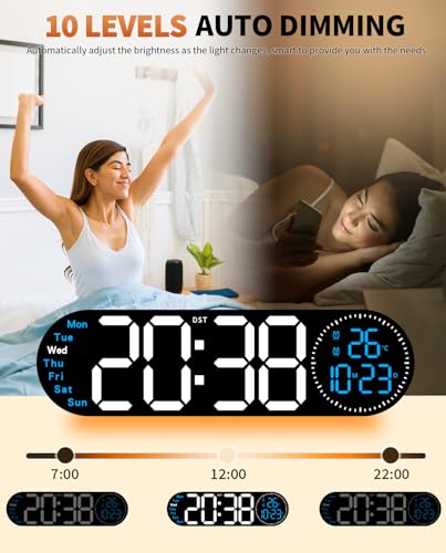 Image of 17.2 Inch Large Digital Wall Clock with 9 Color Changing Remote Control, Date Week Temperature, Auto Brightness Dimmer Big Clock Night Lights,Blue