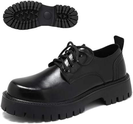 Men's Leather Platform Block Heel Oxfords Classic Round Toe Lace Up Lug Sole Soft Bottom Business Work Dress Shoes Non-Slip Heightening Derby Shoes