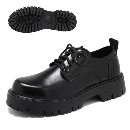 Men's Leather Platform Block Heel Oxfords Classic Round Toe Lace Up Lug Sole Soft Bottom Business Work Dress Shoes Non-Slip Heightening Derby Shoes (Black,12)