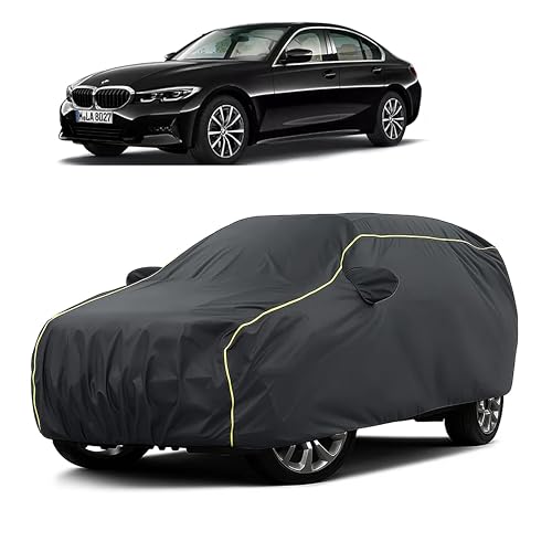 Image of Sulfar 100% Water Resistant Car Body Cover Compatible with Mirror for BMW 320D (Triple Stitched, Full Bottom Elastic, Dark Grey Taffeta with Yellow Piping)