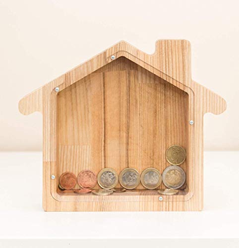 Wooden Solid Tree Home 8.7x7x1.6 inches Baby Money Bank Collectible Coin Organic Glass Piggy Bank Baby Money Box