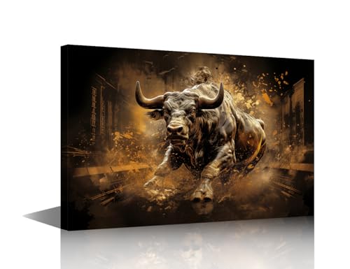 Art mural bronze taureau impression sur toile TISHIRON pour décoration de salon avec cadre bois