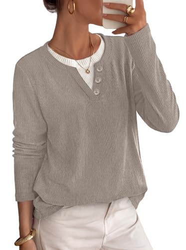 OFEEFAN Early Fall Fashion Must Haves Womens Long Sleeve Tops Plus Size Clothes Cozy Tunic Sweaters Pullovers Travel Vacation School Outfits for Teachers Henley Neck Taupe M