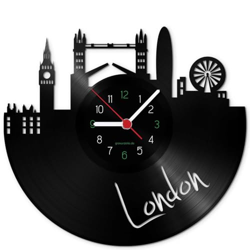 GRAVURZEILE Horloge disque - Skyline London - Horloge murale en vinyle moulé avec horizon de la ville - 30 cm - Horloge design Upcycling - Décoration murale vintage -...