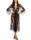 Avidlove Women Sexy Long Lace Lingerie Kimono Robe Eyelash Babydoll(Black, XXL)