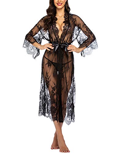Avidlove Women's Long Lace Kimono Robe Babydoll Lingerie Mesh Nightgown