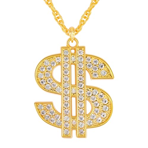 Lhocm Fake Gold Chain with Dollar Sign, Money Chain Necklace Costume for Men, 80 90s Hip Hop Gold Digger Costume Accessories, Hip Hop Jewelry for Halloween Party Dancing