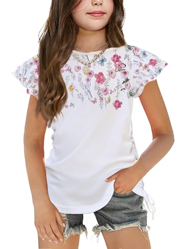 Arshiner T-Shirt Girls White Short Sleeve Shirt Ruffle Sleeve Top Flowers Kids Summer Round Neck Top with Drawstring 7-8 Years