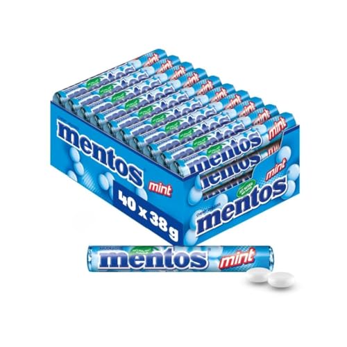 Mentos Kaubonbons Mint, Dragees mit Pfefferminz-Geschmack für frischen Atem, Multipack, Bonbon Vorrats-Packung, Verkaufsdisplay (40 Rollen), vegan