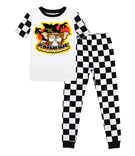 Image of Bioworld Gremlins Stripe and Gizmo Character Group Checker Pattern Youth Boy's Short Sleeve Pajama Set-4 Multicolored