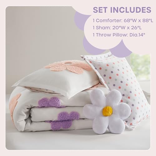 Urban Habitat Kids Twin Comforter Set for Girls, Tufted Chenille Floral Comforter Set Twin, Lightweight Polka Dot Comforter Reversible Bed Set, Sham, Pillow, Gracie, Twin White/Purple 3 Piece