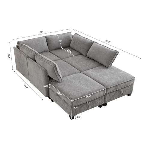 Image of ORRD Sleeper Modular Sectional Sofa Set, Convertible Couch Bed with Storage, 6 Seater and 4 Armrestes Sofa Modular for Living Room, Office (Grey)