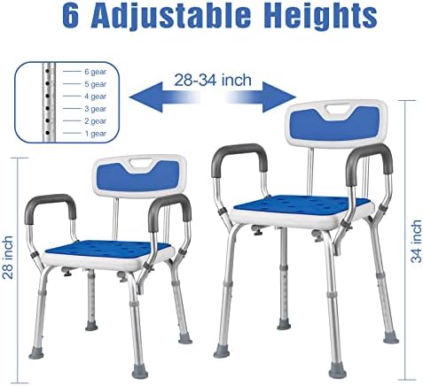 Shower Chair with Arms,Anti Slip Design w/ Padded Handles Shower Seat Perching Stool,6-Level Height Adjustable Shower Stools for Elderly, Disabled, Pregnant, Adult