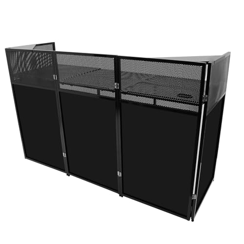 Folding Portable DJ Booth Table with Black & White Scrims 73x23 Large Countertop Aluminum Frame 44LBS Load Capacity Adjustable Non-Slip Feet Cable Holes Carrying Bag for Stage Events Weddings