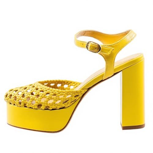 FSJ Women Closed Toe Woven Sandals Summer Platform Chunky High Heel Ankle Strap Chic Hollow Braided Breathable Wedding Shoes Size 4-16 US2