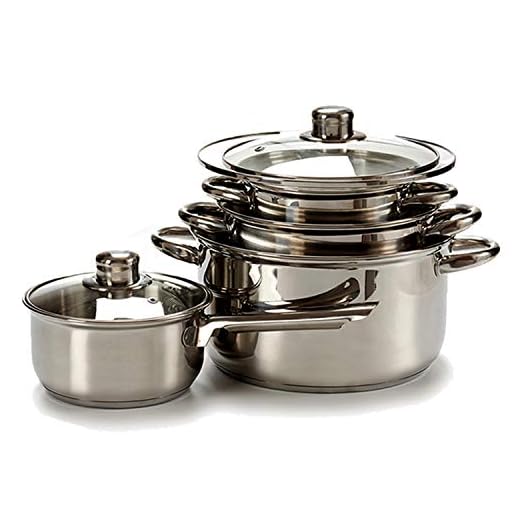 TU TENDENCIA ÚNICA Batería de cocina de acero inoxidable de 7 piezas apta para todas las cocinas. Compuesta por 1 Cazo y 3 Cacerolas con tapa de cristal con agujero para vapor