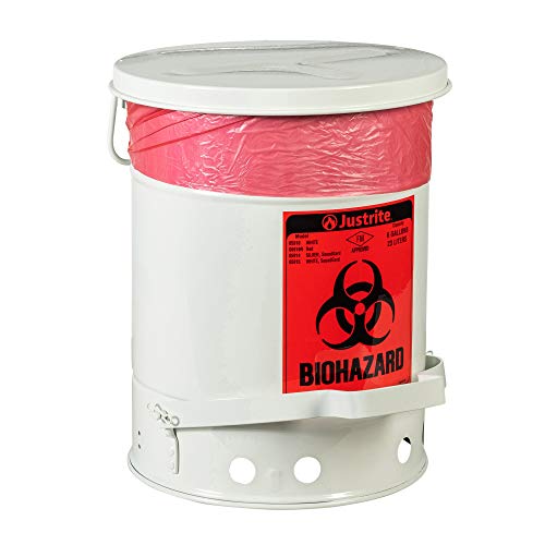 Justrite 05915 SoundGuard Steel Biohazard Waste Container with Foot Operated Cover, 6 Gallon Capacity, 11-7/8" OD x 15-7/8" Height, White