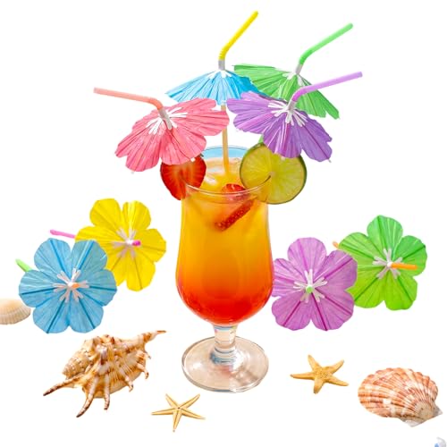 shuielai 50 PCS Umbrella Drink Straws Tropical Parasol Straws - Colorful for Tiki Hawaiian Party Cocktails Summer Beverages