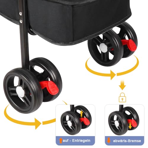 Homewell Klappbarer Haustierwagen mit Getränkehalter, Hundewagen & Katzenwagen, Leicht & Bequem mit Sicherheitsgurt, Atmungsaktiv, Stauraum, bis 20kg (Schwarz)