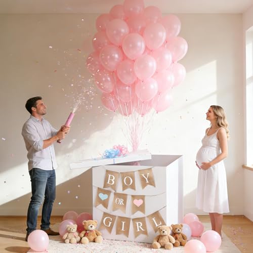 28in Jumbo Gender Reveal Box with 40 Pink Balloons Boy or Girl Banner Pull Bows Ribbons Gender Reveal Ideas Decoration for Welcome Baby Shower He or She Open to See Birthday Party Supplies (Girl)