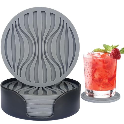 KEHOUXRE 6 Pack Rubber Drink Coasters,Coasters for Drink with Holder,Silicone Cup Mat Non-Stick,Non-Slip,Thickened Live for Hot or Cold Drink-Pure Gray