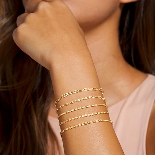 Gold Bracelets for Women, Trendy Adjustable 14K Gold Plated Stackable Link Bracelet, Dainty Thin Paperclip Chain Bracelets Stack Set4